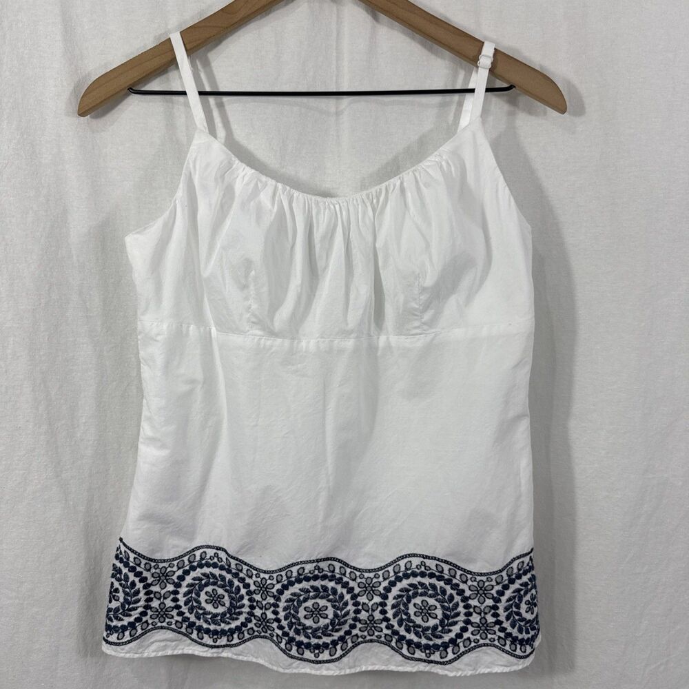 Ann Taylor Womens Sz 6 White Blue Embroidered Strappy Cami Top Coastal Beach